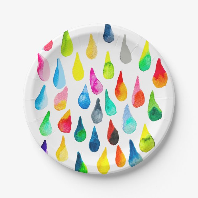 Plato De Papel Gotas de lágrima acuarela colorida caprichosa (Anverso)