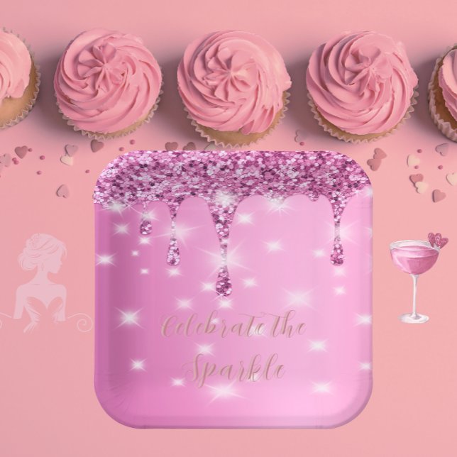 Plato De Papel Goteo de brillo rosa caliente elegante (Glam hot pink glitter plate for bold bachelorette parties and sparkling bridal celebrations)