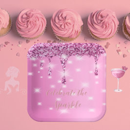 Plato De Papel Goteo de Brillo Rosa Elegante
