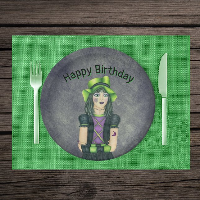Plato De Papel Goth Girl Green Hair Tattoos Dark Grey Birthday (Pretty Goth girl green hair hat tattoos on grey glowing green Happy birthday paper party plates.)
