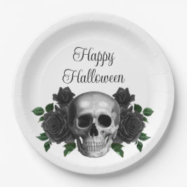 Plato De Papel Gothic Black Floral Skull Halloween