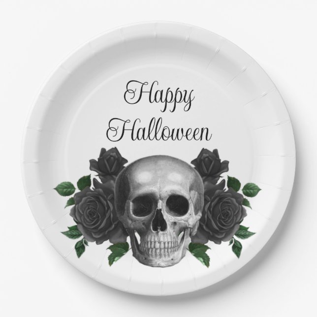 Plato De Papel Gothic Black Floral Skull Halloween (Anverso)