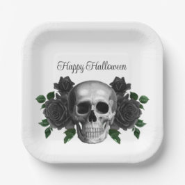 Plato De Papel Gothic Black Floral Skull Halloween