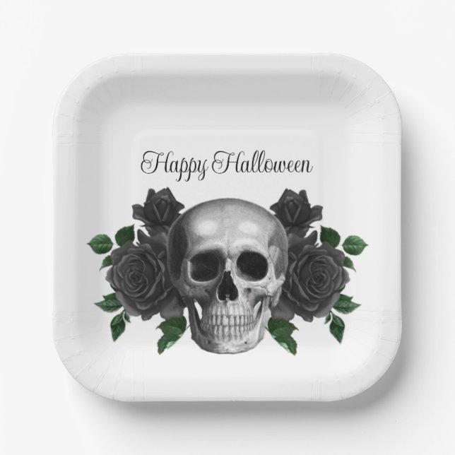 Plato De Papel Gothic Black Floral Skull Halloween (Anverso)