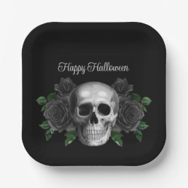 Plato De Papel Gothic Black Floral Skull Halloween