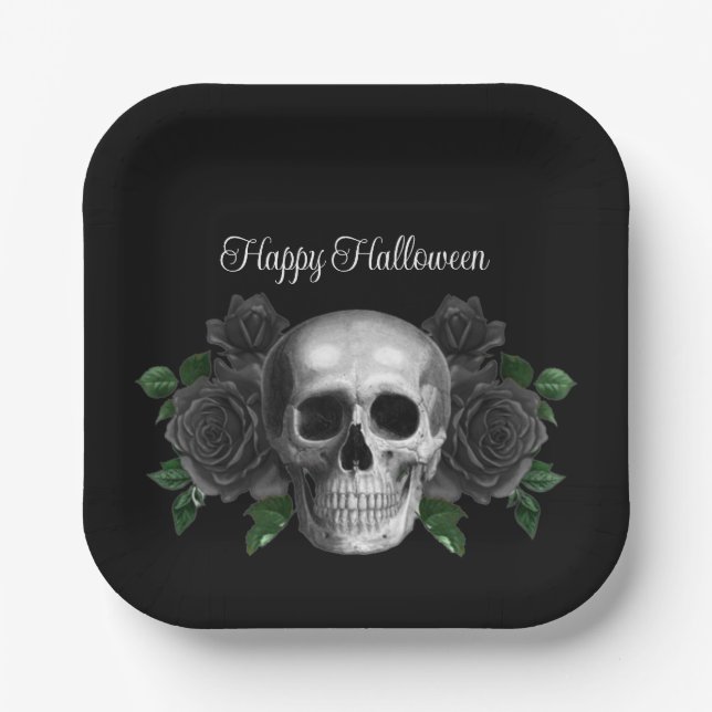Plato De Papel Gothic Black Floral Skull Halloween (Anverso)