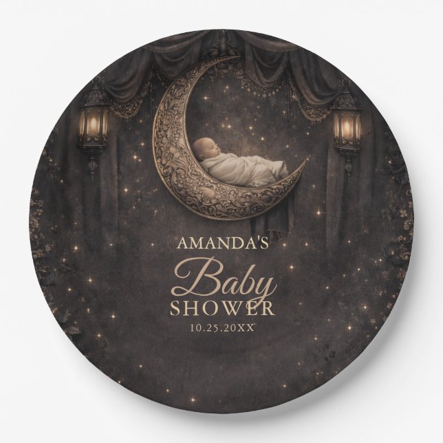 Plato De Papel Gothic Crescent Moon Stars Baby Shower (Anverso)