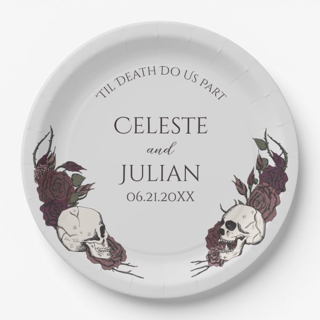 Plato De Papel Gothic Light Gray Floral Skull Wedding (Anverso)
