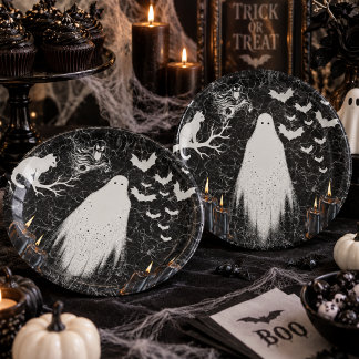 Plato De Papel Gótico Blanco Negro Fantasma Halloween