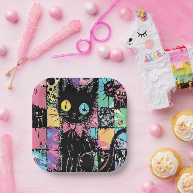 Plato De Papel Gótico de Kawaii Pastel Cute Patchwork Gato asquer (Fiesta)