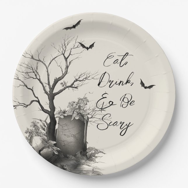 Plato De Papel Gótico Gato Negro Tocante Halloween (Anverso)