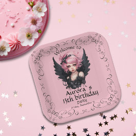 Plato De Papel Gótico Pastel Negro Y Rosa Leche 13 Años