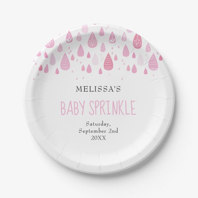 Plato De Papel Gotitas de lluvia rosa bebé sprinkle (Anverso)