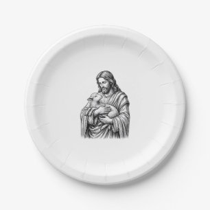 Plato De Papel Grabado Antiguo Pastor que Sostiene Cordero Vector