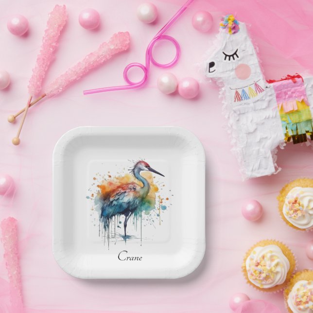 Plato De Papel Graceful Crane: Arte acuarela, personalizado (Fiesta)