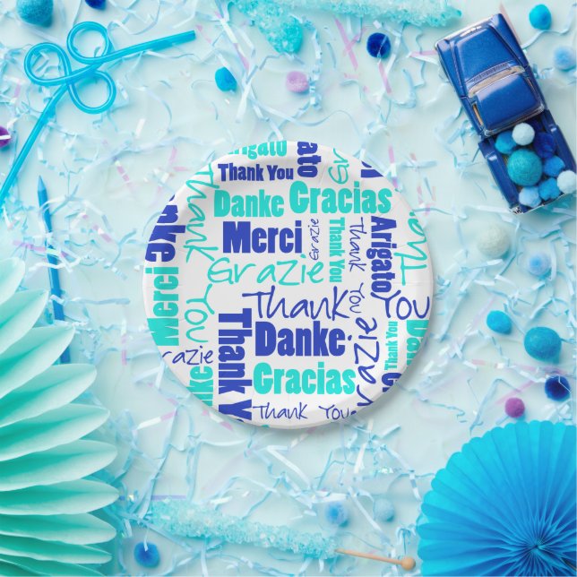 Plato De Papel Gracias a Blue and Turquoise Multilingual (Fiesta)