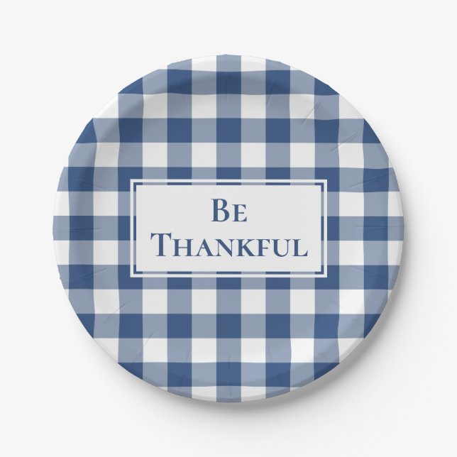Plato De Papel Gracias Blue White Gingham Plaid Acción de Gracias (Anverso)