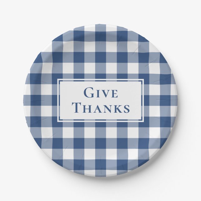 Plato De Papel Gracias Blue White Gingham Plaid Thankending (Anverso)