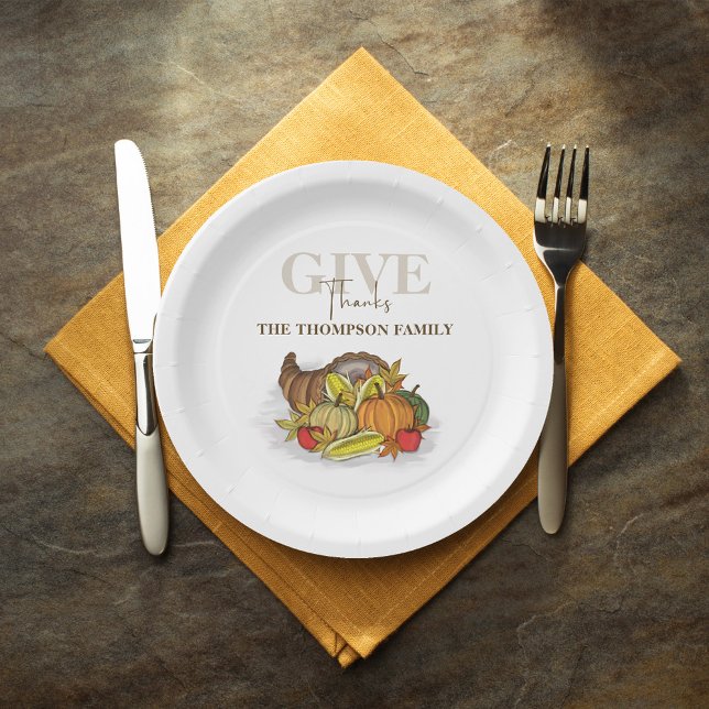 Plato De Papel Gracias Cornucopia Elegant Give (Give thanks Thanksgiving harvest cornucopia custom paper plate. )