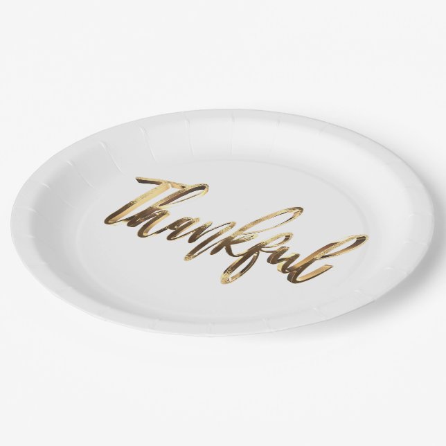 Plato De Papel Gracias Elegante Faux Gold Script Acción de Gracia (Angular)