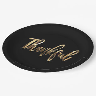 Plato De Papel Gracias Elegante Faux Gold Script Acción de Gracia