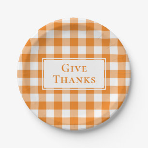 Plato De Papel Gracias, Naranja Gingham Plaid, Acción de Gracias