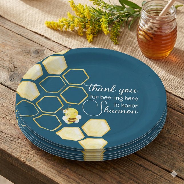 Plato De Papel Gracias Por Apostar Aquí Placa De Papel (Celebrate the special mommy to be with these cute, "Thank you for bee-ing here" baby shower plates! )