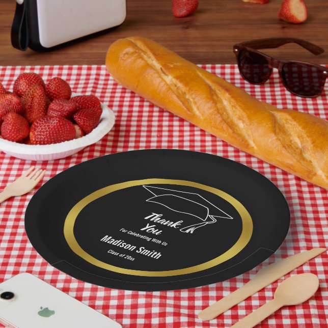 Plato De Papel Gracias por el nombre del graduado en blanco y neg (Picnic)