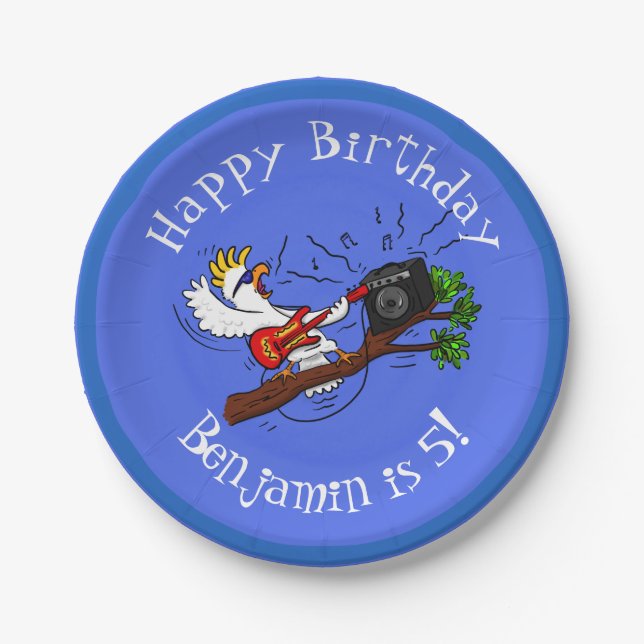 Plato De Papel Graciosa cacatúa tocando el personalizado de guita (Anverso)