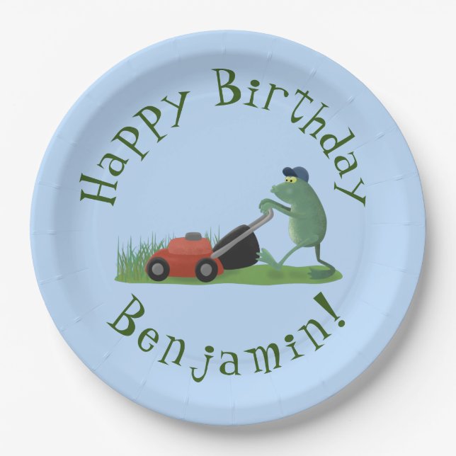 Plato De Papel Graciosa rana verde que siembra césped personaliza (Anverso)