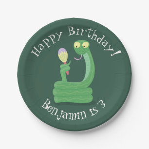 Plato De Papel Graciosa serpiente verde con maraca personalizado