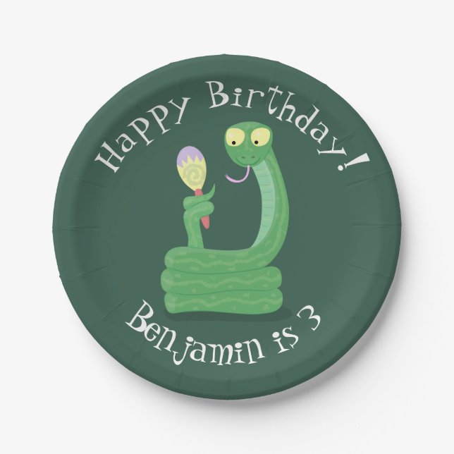 Plato De Papel Graciosa serpiente verde con maraca personalizado (Anverso)