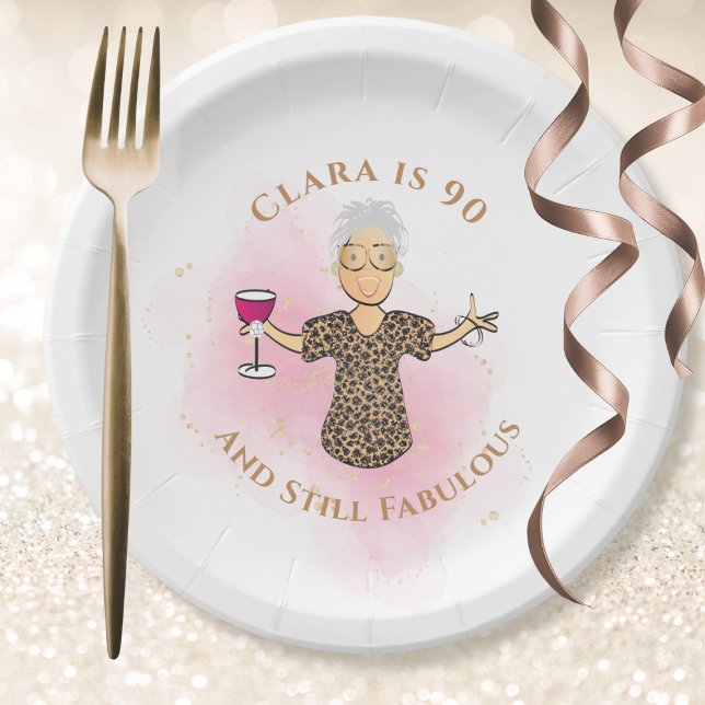 Plato De Papel Gracioso 90 cumpleaños Gold Pink 90 y fabuloso (Subido por el creador)
