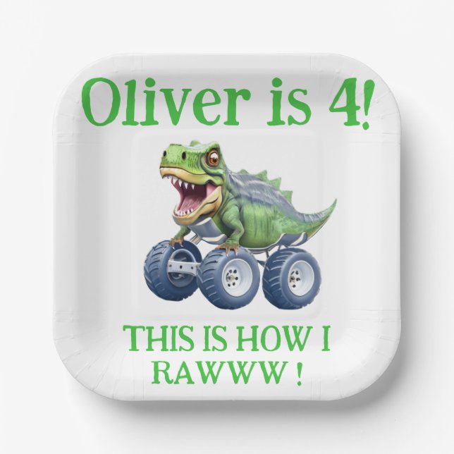 Plato De Papel Gracioso camión monstruo de dinosaurios (Anverso)