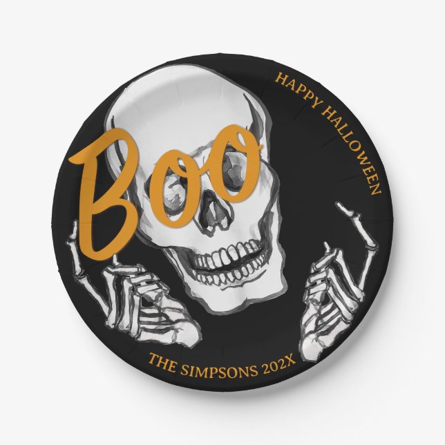 Plato De Papel ¡Gracioso esqueleto Boo! Fiesta de Halloween (Anverso)