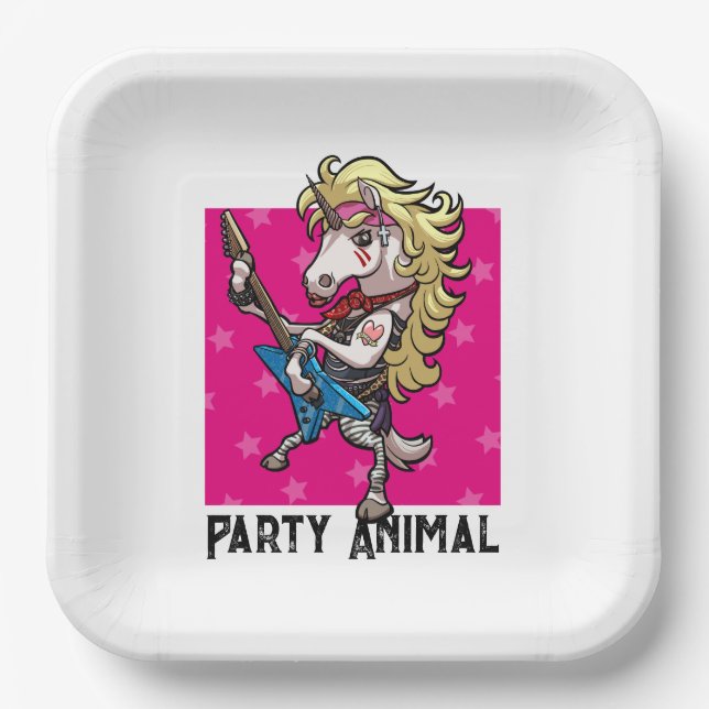 Plato De Papel Gracioso Fiesta unicornio Animal Glam Rocker Perso (Anverso)