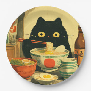 Plato De Papel Gracioso gato negro comiendo Ramen