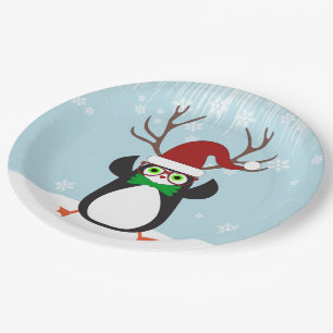 Plato De Papel Gracioso Hipster Navidades Penguin con rivales
