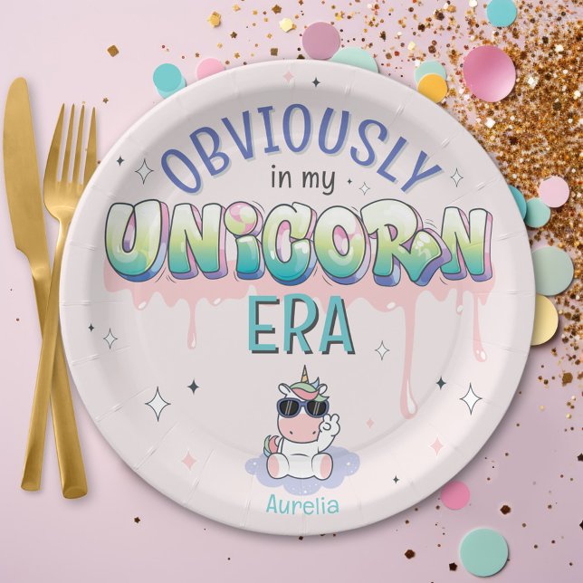 Plato De Papel Gracioso Obviamente En Mi Fiesta De Cumpleaños De  (Funny Obviously in my Unicorn Era cute kawaii unicorn theme custom girl name birthday party plate)