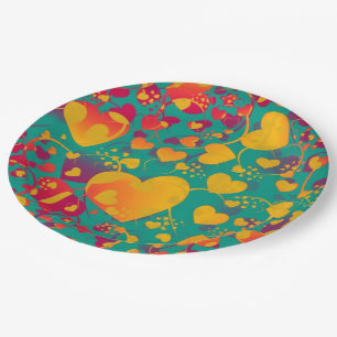 Plato De Papel Gracioso patrón cardíaco IX - amarillo rojo verde