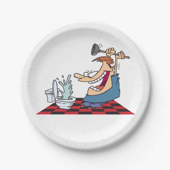 Plato De Papel Gracioso plomero Desbloqueando Un Toilet (Anverso)