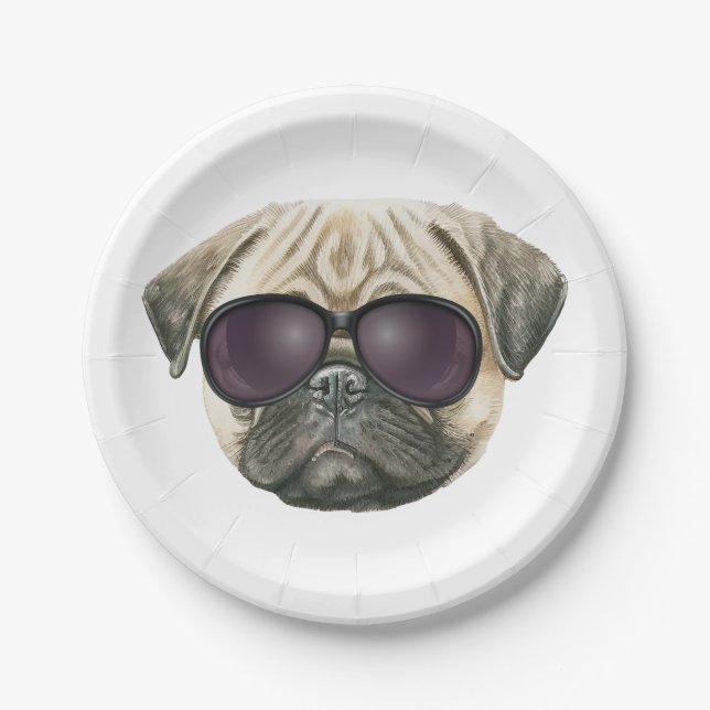 Plato De Papel Gracioso pug, bulldog francés lindo con gafas (Anverso)