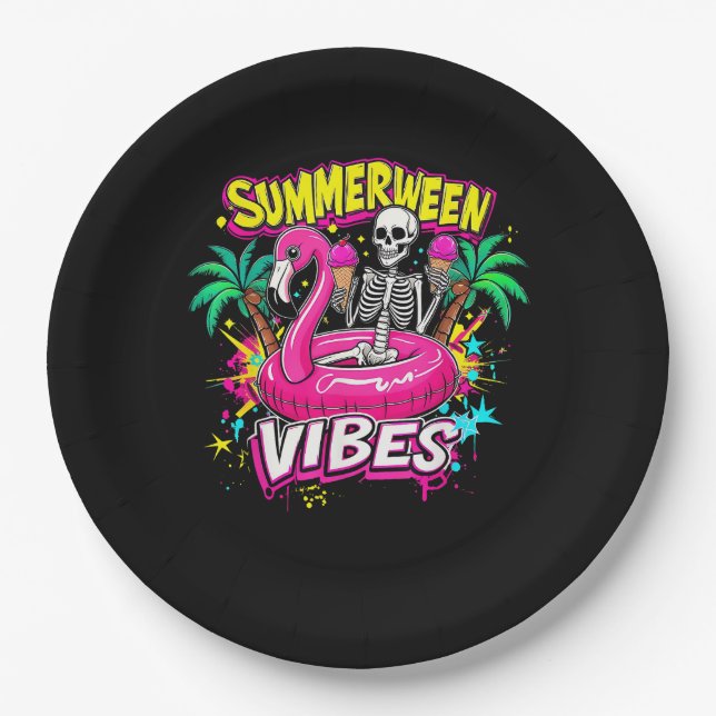 Plato De Papel Gracioso Skeleton Summerween Vibes Flamingo Pool I (Anverso)