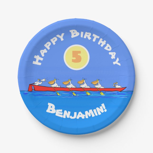 Plato De Papel Graciosos pelícanos remando ilustracion personaliz (Anverso)