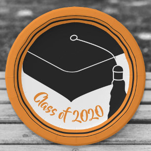 Plato De Papel Grad Cap Naranja y Black Class Year