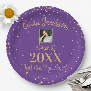 Plato De Papel Grad Photo Gold Confetti Graduación Party Purple