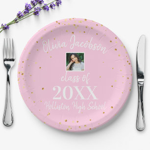 Plato De Papel Grad Photo Gold Confetti Pink Graduation Party