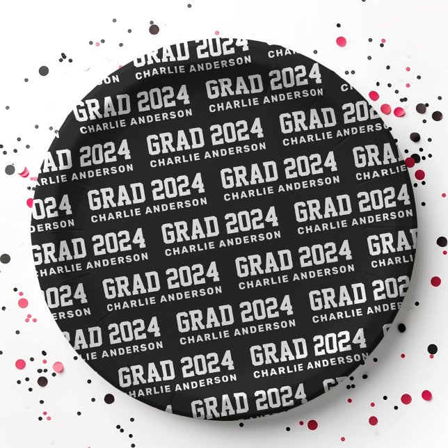 Plato De Papel Grad year 2024 nombre de graduado blanco negro (Grad year 2024 graduate name black white paper plates)
