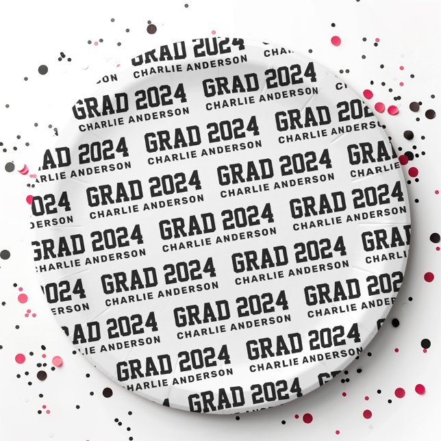 Plato De Papel Grad year 2024 nombre de graduado blanco negro (Grad year 2024 graduate name white black paper plates)