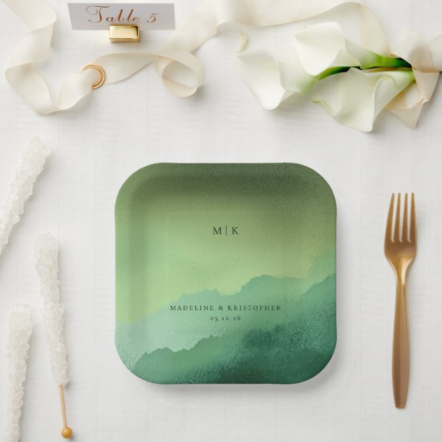Plato De Papel Gradiente Acuarela Verde Tranquilo (Boda)